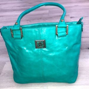 ANNE KLEIN Vintage Women’s Handbag Turquoise Faux Patent Leather Tote / Purse